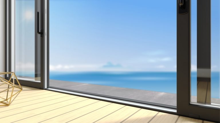 Sliding exterior door with two black shutters. Species panoramic window and terrace. 3d Illustration